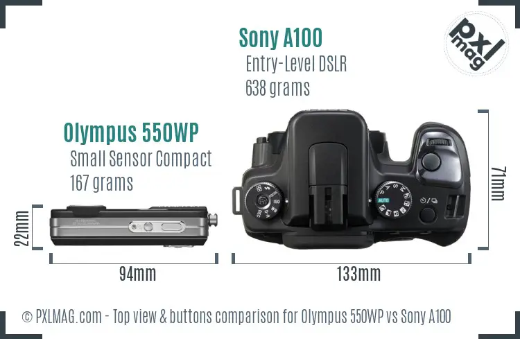 Olympus 550WP vs Sony A100 top view buttons comparison