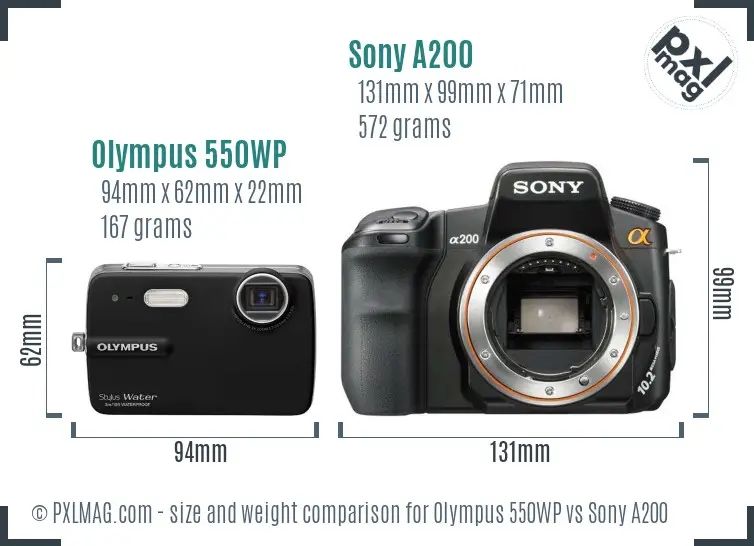 Olympus 550WP vs Sony A200 size comparison