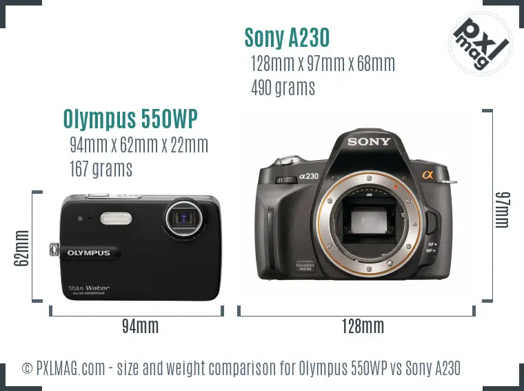 Olympus 550WP vs Sony A230 size comparison
