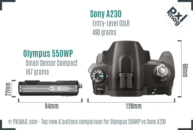 Olympus 550WP vs Sony A230 top view buttons comparison