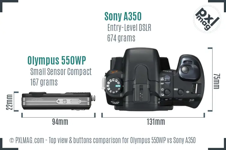 Olympus 550WP vs Sony A350 top view buttons comparison