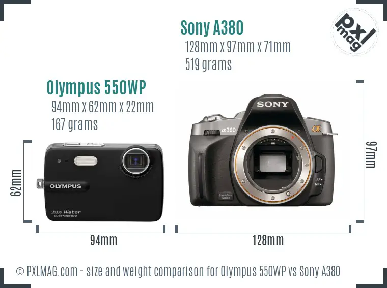 Olympus 550WP vs Sony A380 size comparison