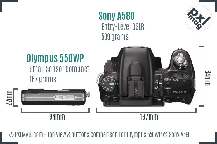 Olympus 550WP vs Sony A580 top view buttons comparison Olympus 550WP vs Sony A580 top view buttons comparison