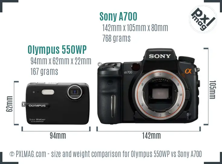 Olympus 550WP vs Sony A700 size comparison