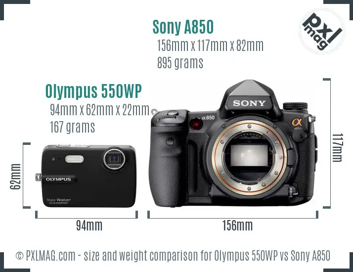 Olympus 550WP vs Sony A850 size comparison