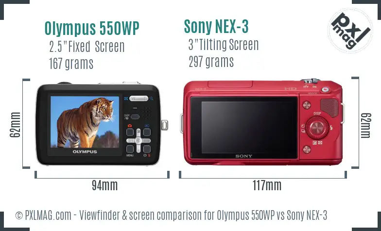 Olympus 550WP vs Sony NEX-3 Screen and Viewfinder comparison