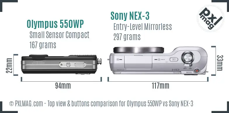 Olympus 550WP vs Sony NEX-3 top view buttons comparison