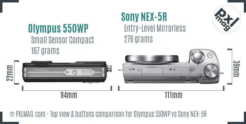 Olympus 550WP vs Sony NEX-5R top view buttons comparison