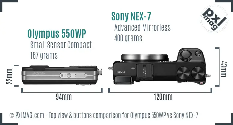 Olympus 550WP vs Sony NEX-7 top view buttons comparison