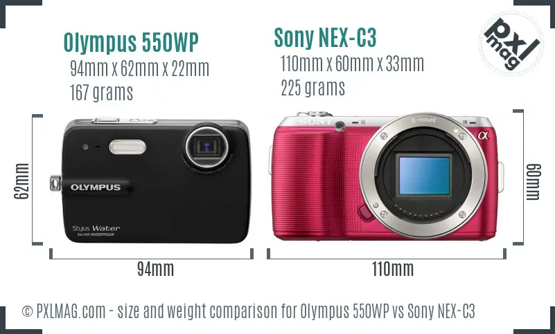 Olympus 550WP vs Sony NEX-C3 size comparison