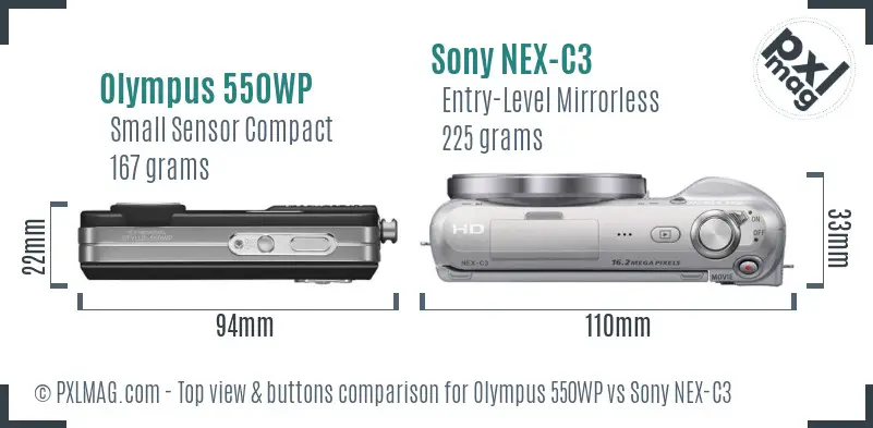 Olympus 550WP vs Sony NEX-C3 top view buttons comparison