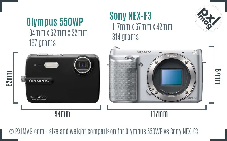 Olympus 550WP vs Sony NEX-F3 size comparison