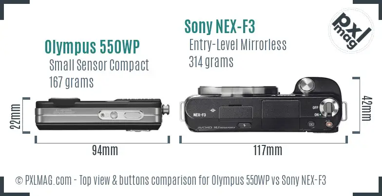 Olympus 550WP vs Sony NEX-F3 top view buttons comparison