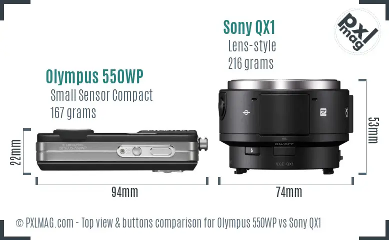 Olympus 550WP vs Sony QX1 top view buttons comparison