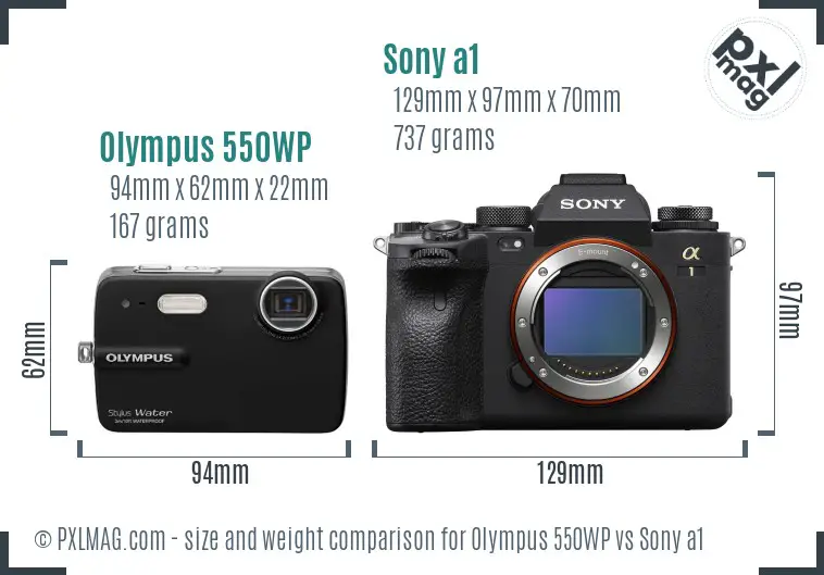 Olympus 550WP vs Sony a1 size comparison