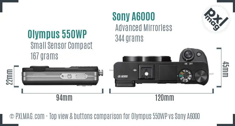 Olympus 550WP vs Sony A6000 top view buttons comparison Olympus 550WP vs Sony A6000 top view buttons comparison
