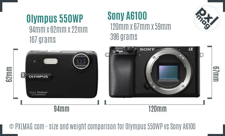 Olympus 550WP vs Sony A6100 size comparison