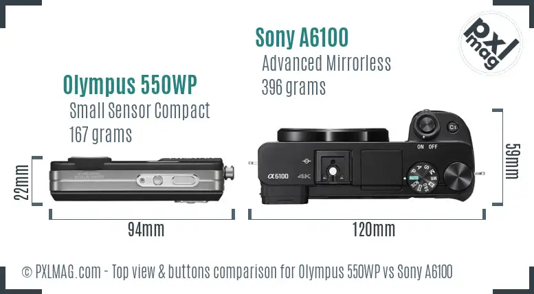 Olympus 550WP vs Sony A6100 top view buttons comparison