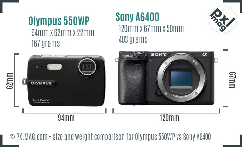 Olympus 550WP vs Sony A6400 size comparison