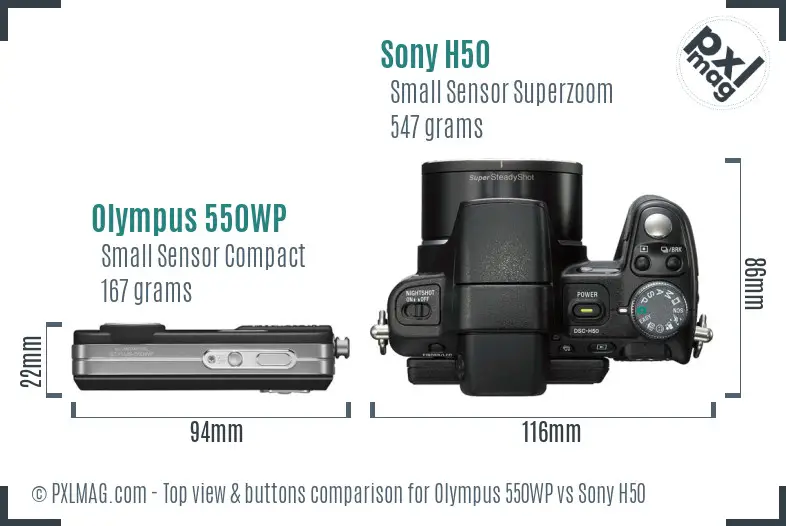 Olympus 550WP vs Sony H50 top view buttons comparison