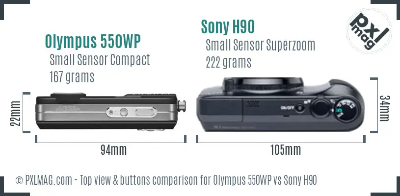 Olympus 550WP vs Sony H90 top view buttons comparison