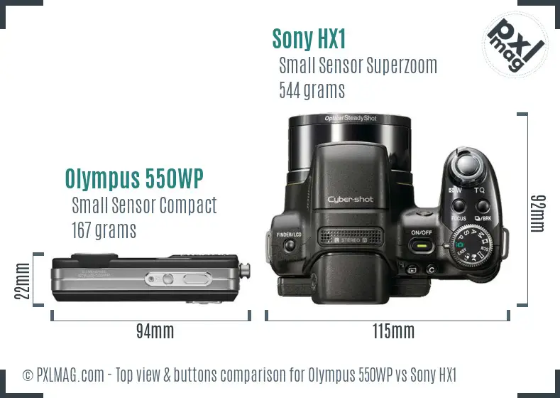 Olympus 550WP vs Sony HX1 top view buttons comparison