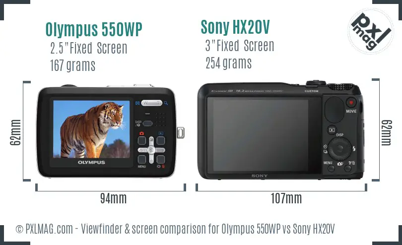 Olympus 550WP vs Sony HX20V Screen and Viewfinder comparison