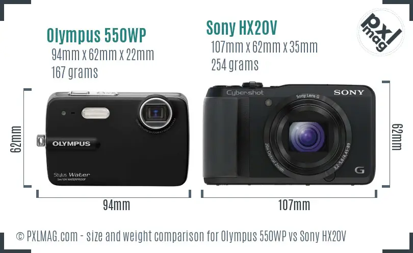 Olympus 550WP vs Sony HX20V size comparison