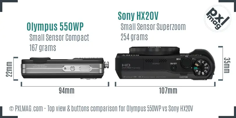 Olympus 550WP vs Sony HX20V top view buttons comparison