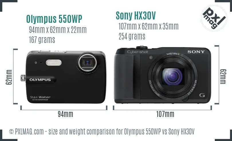 Olympus 550WP vs Sony HX30V size comparison