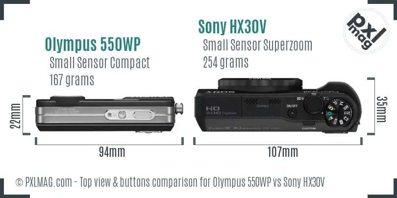 Olympus 550WP vs Sony HX30V top view buttons comparison