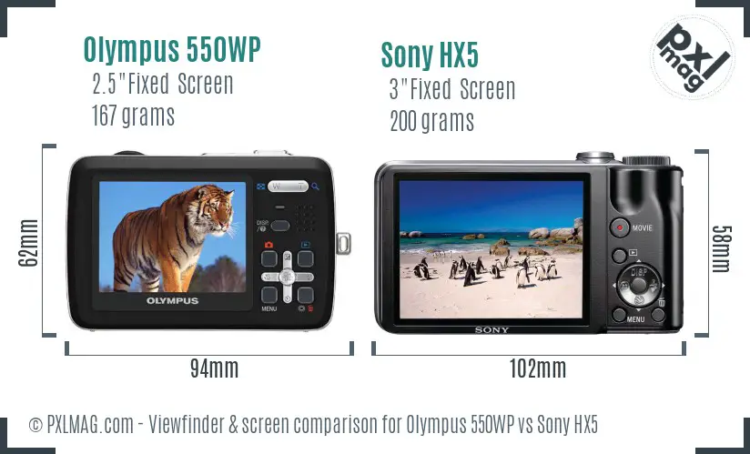 Olympus 550WP vs Sony HX5 Screen and Viewfinder comparison