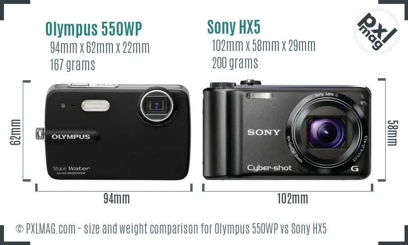 Olympus 550WP vs Sony HX5 size comparison