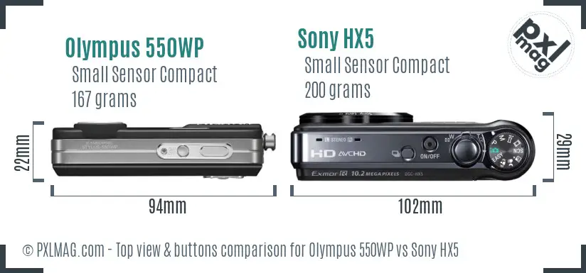 Olympus 550WP vs Sony HX5 top view buttons comparison