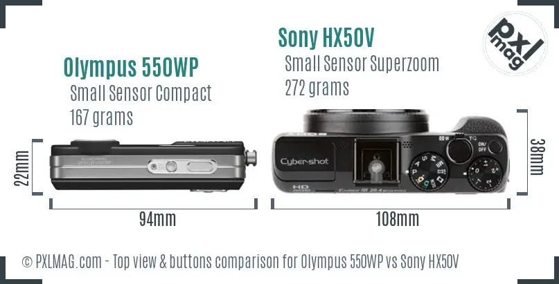 Olympus 550WP vs Sony HX50V top view buttons comparison