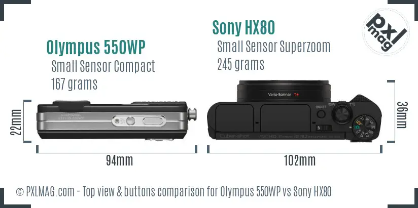 Olympus 550WP vs Sony HX80 top view buttons comparison