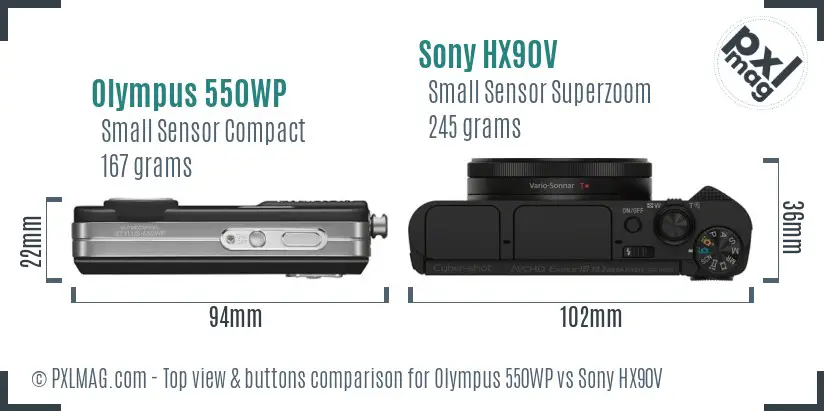 Olympus 550WP vs Sony HX90V top view buttons comparison