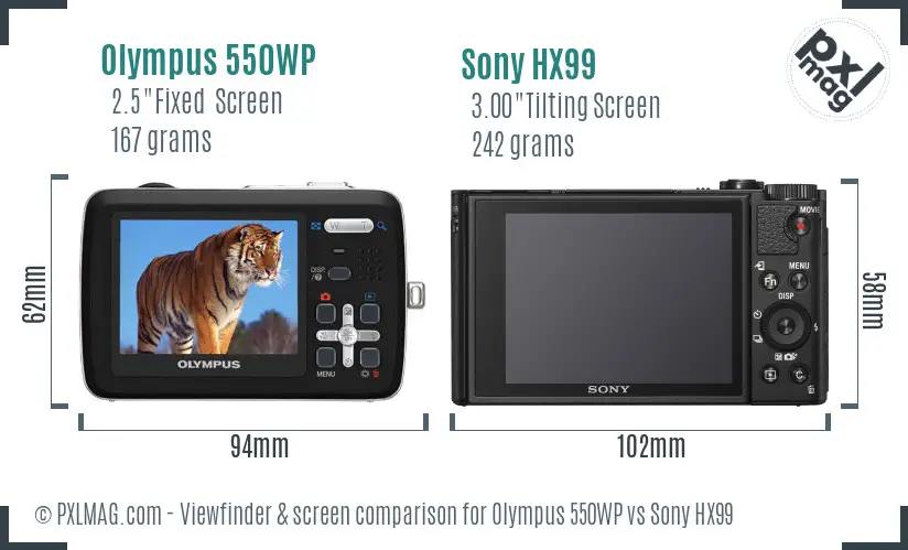 Olympus 550WP vs Sony HX99 Screen and Viewfinder comparison