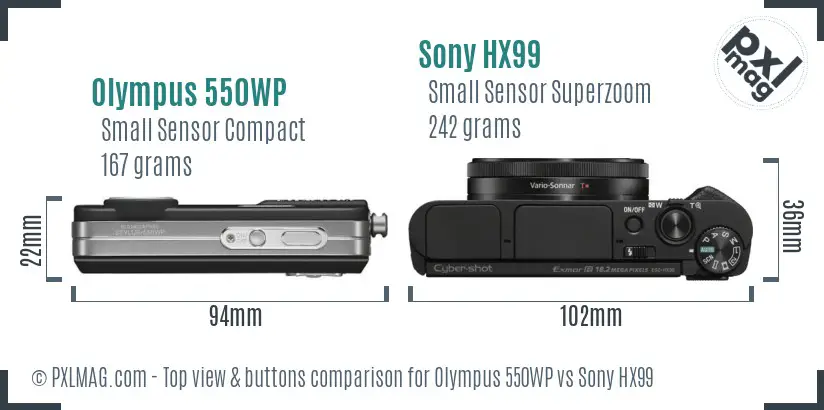 Olympus 550WP vs Sony HX99 top view buttons comparison