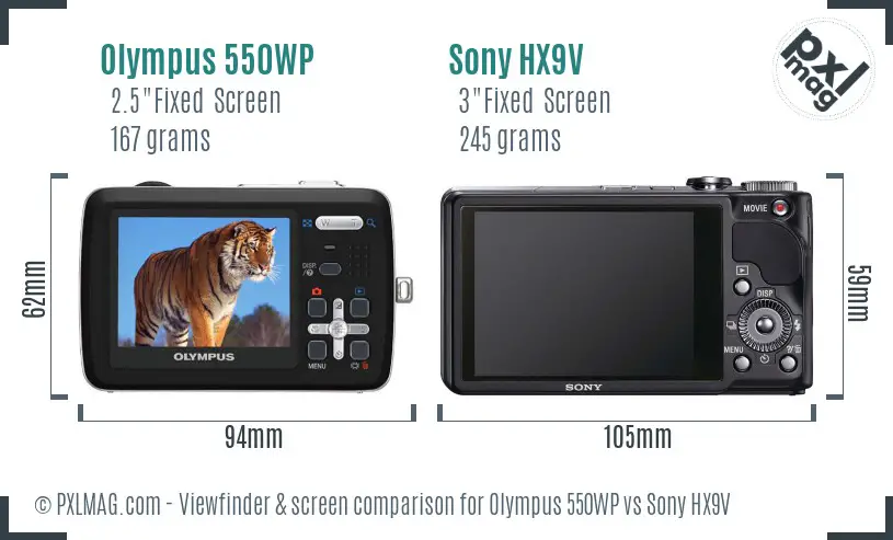 Olympus 550WP vs Sony HX9V Screen and Viewfinder comparison