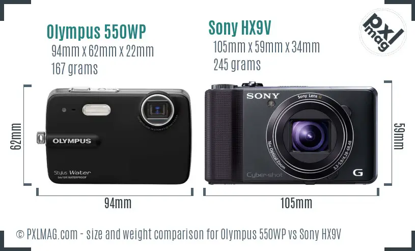 Olympus 550WP vs Sony HX9V size comparison