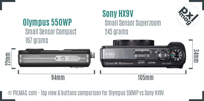 Olympus 550WP vs Sony HX9V top view buttons comparison