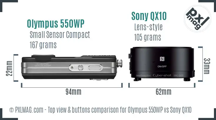 Olympus 550WP vs Sony QX10 top view buttons comparison