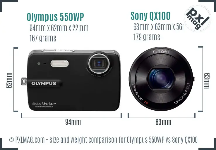 Olympus 550WP vs Sony QX100 size comparison