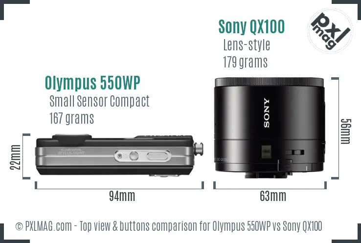 Olympus 550WP vs Sony QX100 top view buttons comparison