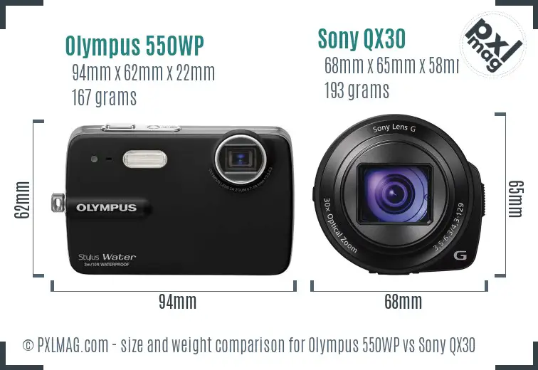 Olympus 550WP vs Sony QX30 size comparison