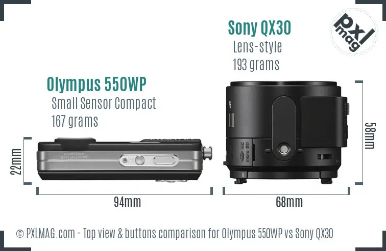 Olympus 550WP vs Sony QX30 top view buttons comparison