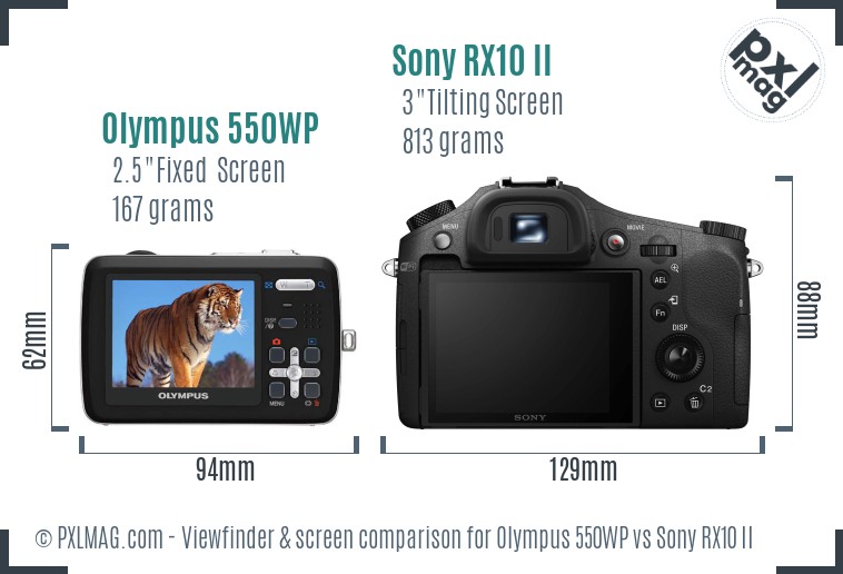 Olympus 550WP vs Sony RX10 II Screen and Viewfinder comparison