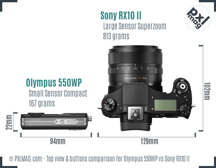 Olympus 550WP vs Sony RX10 II top view buttons comparison