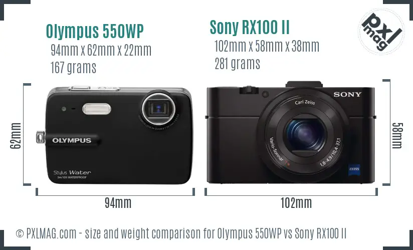 Olympus 550WP vs Sony RX100 II size comparison